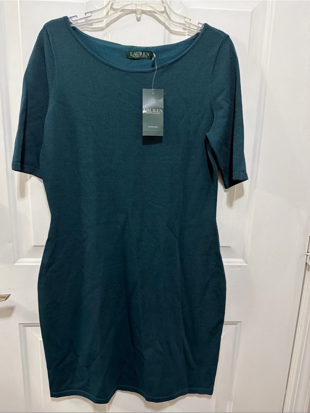 NWT Lauren Ralph Lauren  Knit  Dress Dark Green Short  Sleeves L Nylon